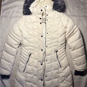 YMI Cream Puffer Jacket with Black Accents